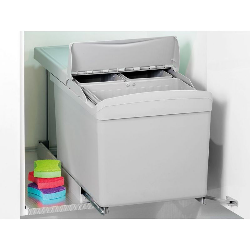 Poubelles de recyclage, 1 bac de 16L + 2 bacs de 7,5L, fixation au sol et ouverture automatique, Gris