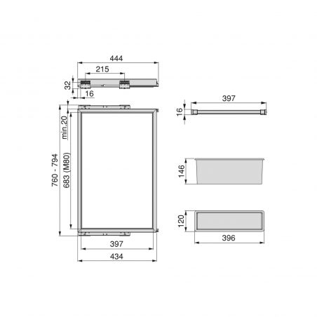 Kit porte pantalons 7 tringles sur coulisses avec 1 bac de rangement pour caisson de 800mm, Gris Kit porte pantalons 7 tringles sur coulisses avec 1 bac de rangement pour caisson de 800mm, Gris