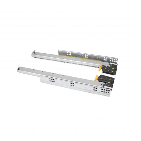 Jeu de coulisses invisibles Silver à sortie totale, avec fermeture amortie et verrou, profondeur 440mm, Zingué Jeu de coulisses invisibles Silver à sortie totale, avec fermeture amortie et verrou, profondeur 440mm, Zingué
