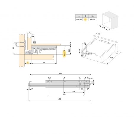 Jeu de coulisses invisibles Silver à sortie totale, avec fermeture amortie et verrou, profondeur 440mm, Zingué Jeu de coulisses invisibles Silver à sortie totale, avec fermeture amortie et verrou, profondeur 440mm, Zingué