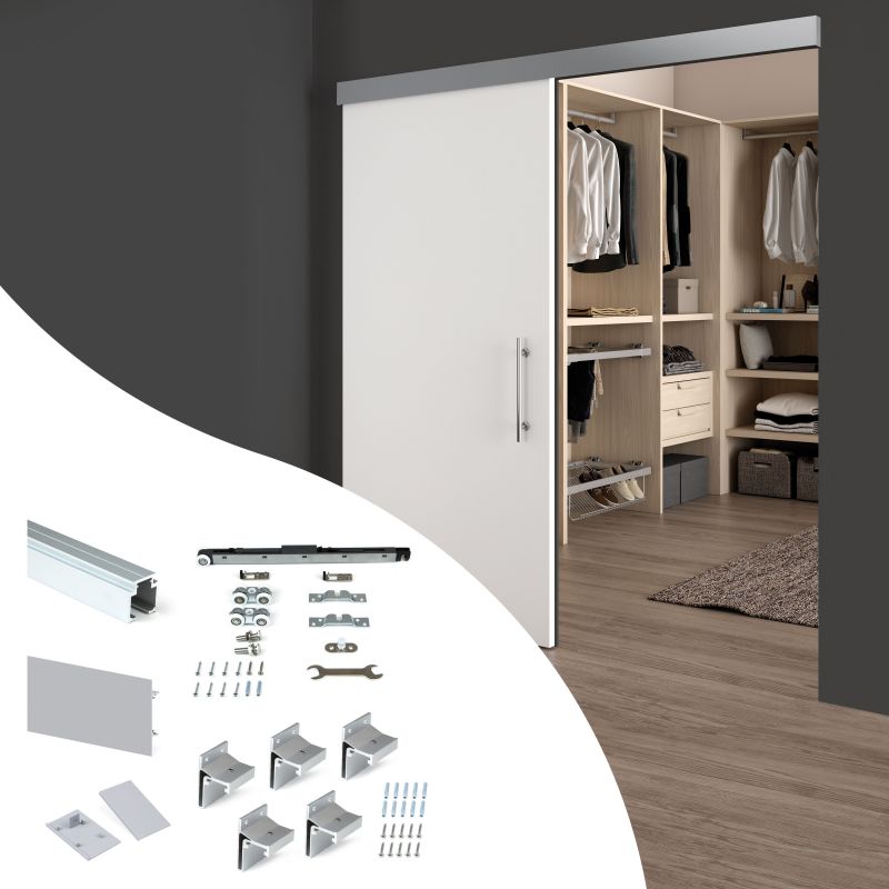 Kit pour système Rail coulissant pour porte coulissante en bois avec fermeture souple, 80kg, Anodisé mat