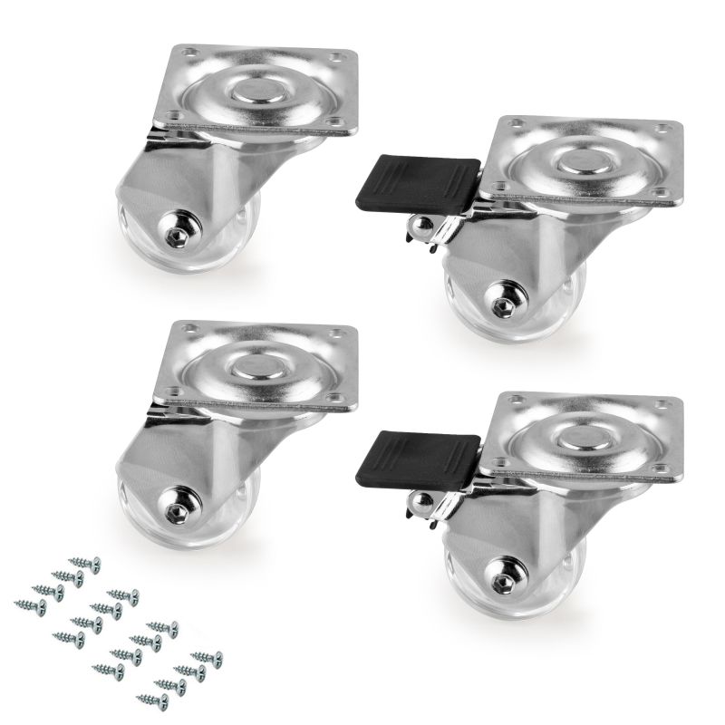 Lot de 4 roulettes transparentes Slip 3 avec platine de montage, Ø 35 mm