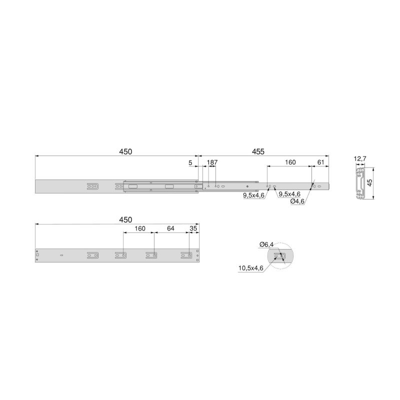 Lot de 5 coulisses roulement à billes, hauteur 45mm, profondeur 450mm, sortie totale, avec amortisseur et push to open