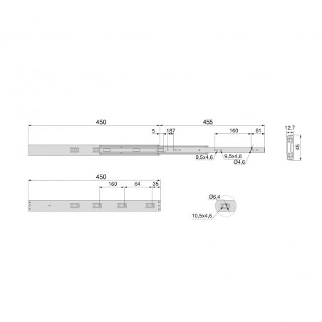 Lot de 5 coulisses roulement à billes, hauteur 45mm, profondeur 450mm, sortie totale, avec amortisseur et push to open Lot de 5 coulisses roulement à billes, hauteur 45mm, profondeur 450mm, sortie totale, avec amortisseur et push to open