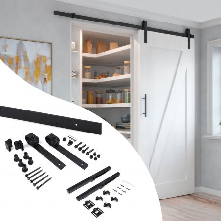 Kit de quincaillerie pour porte coulissante suspendue en bois, avec fermeture souple, panneaux non inclus, Noir Kit de quincaillerie pour porte coulissante suspendue en bois, avec fermeture souple, panneaux non inclus, Noir