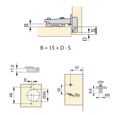 Lot de 20 charnières X92, ouverture 105°, avec amortisseur et compléments de montage mixtes, D 5x9.5mm, Hauteur 0, Nickelé Lot de 20 charnières X92, ouverture 105°, avec amortisseur et compléments de montage mixtes, D 5x9.5mm, Hauteur 0, Nickelé
