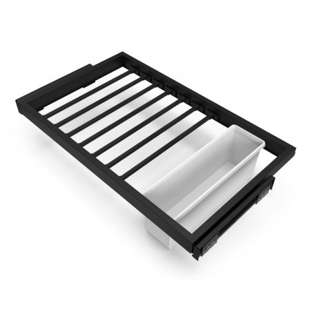 Kit porte pantalons 7 tringles sur coulisses avec 1 bac de rangement pour caisson de 800 mm, Noir Kit porte pantalons 7 tringles sur coulisses avec 1 bac de rangement pour caisson de 800 mm, Noir
