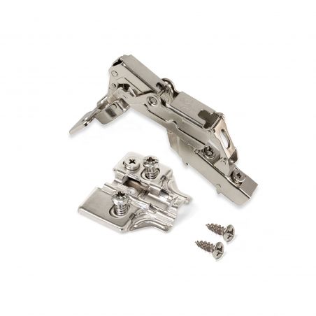 Lot de 10 charnières coudées X91 Ouverture à 165 degrés avec fermeture souple et inserts Euro, Hauteur 0, Nickelé Lot de 10 charnières coudées X91 Ouverture à 165 degrés avec fermeture souple et inserts Euro, Hauteur 0, Nickelé