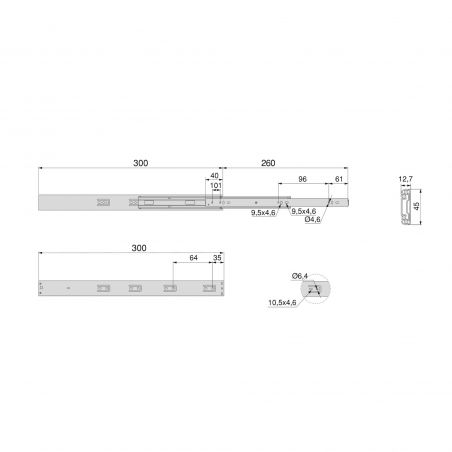 Lot de 5 coulisses roulement à billes, hauteur 45mm, profondeur 300mm, sortie totale, avec amortisseur et push to open Lot de 5 coulisses roulement à billes, hauteur 45mm, profondeur 300mm, sortie totale, avec amortisseur et push to open