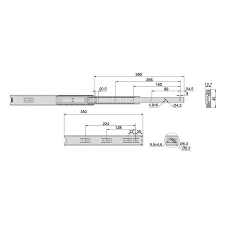 Lot de 5 coulisses roulement à billes, hauteur 45mm, profondeur 350mm, sortie totale, Zingué Lot de 5 coulisses roulement à billes, hauteur 45mm, profondeur 350mm, sortie totale, Zingué