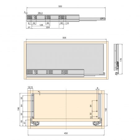 Tiroir Vertex 40 kg hauteur 178 mm, profondeur 500 mm avec panneaux inclus pour caisson de 450 mm, Blanc Tiroir Vertex 40 kg hauteur 178 mm, profondeur 500 mm avec panneaux inclus pour caisson de 450 mm, Blanc