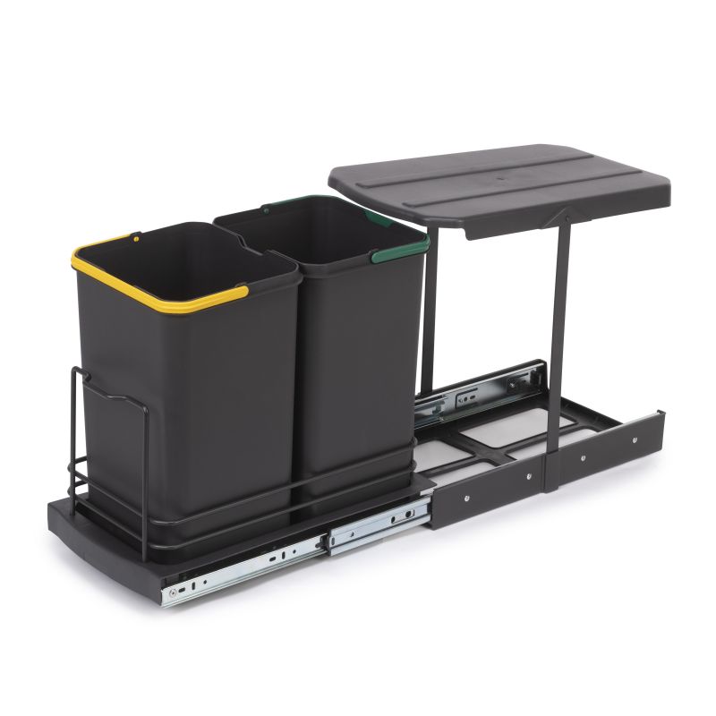 Poubelle de tri Recycle 2 bacs de 12L, fixation au sol et extraction manuelle, Gris anthracite
