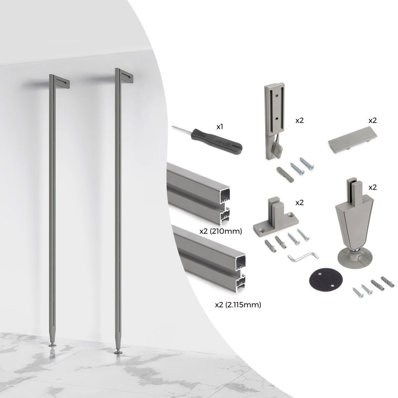 Kit cadre modulaire Zéro avec quincaillerie et 2 profils pour montage au sol et au mur avec niveleur circulaire, Gris