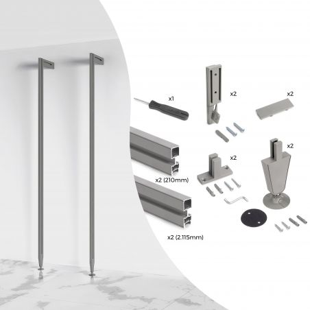 Kit cadre modulaire Zéro avec quincaillerie et 2 profils pour montage au sol et au mur avec niveleur circulaire, Gris Kit cadre modulaire Zéro avec quincaillerie et 2 profils pour montage au sol et au mur avec niveleur circulaire, Gris
