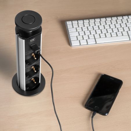 Multiconnecteur escamotable Vertikal Ø 60 mm, 3 prises + 2 USB, Noir Multiconnecteur escamotable Vertikal Ø 60 mm, 3 prises + 2 USB, Noir