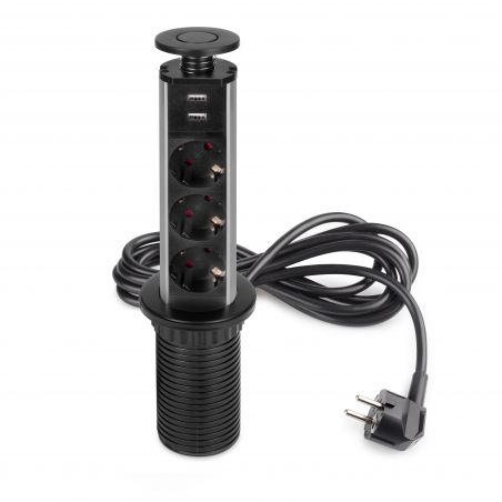 Multiconnecteur escamotable Vertikal Ø 60 mm, 3 prises + 2 USB, Noir Multiconnecteur escamotable Vertikal Ø 60 mm, 3 prises + 2 USB, Noir