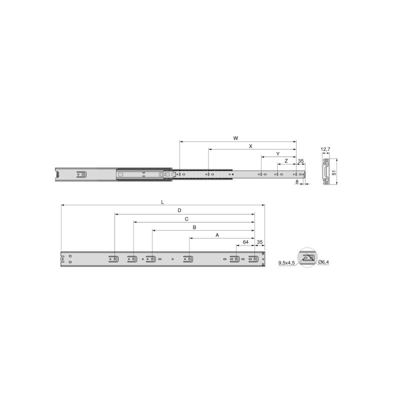 Lot de 4 coulisses roulement à billes pour charges lourdes, hauteur 51mm, profondeur 400mm, sortie totale