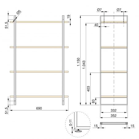 Jeu de 2 structures Lader avec étagères bois inclus, hauteur 1150mm, Noir Jeu de 2 structures Lader avec étagères bois inclus, hauteur 1150mm, Noir