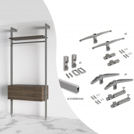 Kit de fixation Zéro pour 1 étagère bois, 1 module et 1 tringle de suspension de 1 m, Gris Kit de fixation Zéro pour 1 étagère bois, 1 module et 1 tringle de suspension de 1 m, Gris
