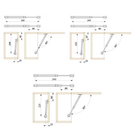 Lot de 10 pistons de porte relevable, force 5kg, course 80mm, Aluminium Lot de 10 pistons de porte relevable, force 5kg, course 80mm, Aluminium