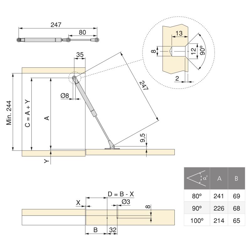 Piston Thin diamètre 12 avec fixations pour porte abattant, course 80mm, Nickelé