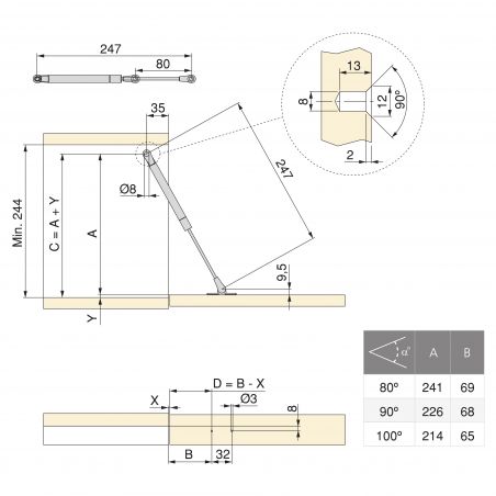 Piston Thin diamètre 12 avec fixations pour porte abattant, course 80mm, Nickelé Piston Thin diamètre 12 avec fixations pour porte abattant, course 80mm, Nickelé