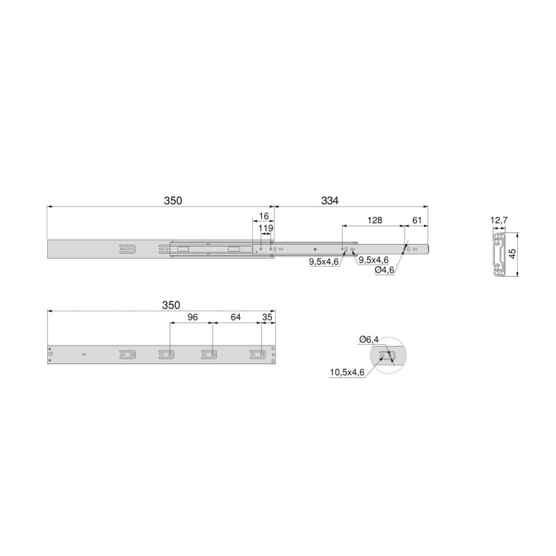Lot de 5 coulisses roulement à billes, hauteur 45mm, profondeur 350mm, sortie totale, avec amortisseur et push to open