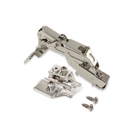 Lot de 10 charnières X91 pour montage rentrant 165 degrés avec fermeture amortie et cales Euro, hauteur 0, Nickelé Lot de 10 charnières X91 pour montage rentrant 165 degrés avec fermeture amortie et cales Euro, hauteur 0, Nickelé