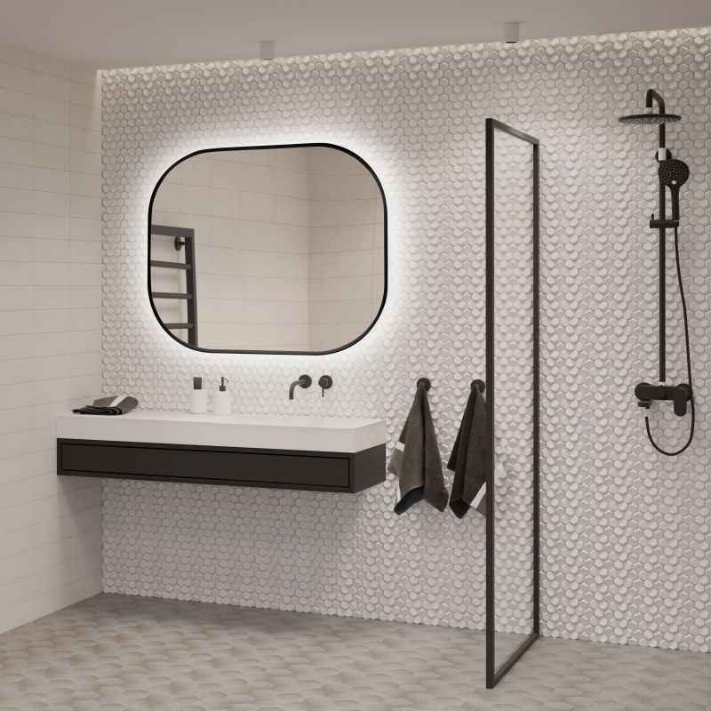 Miroir Cepheus avec éclairage décoratif à LED et cadre noir arrondi, 600 x 800 mm, AC 230V 50Hz, 12 W