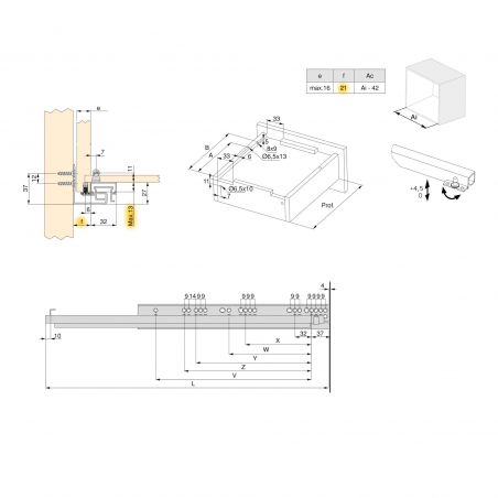 Jeu de coulisses invisibles Silver, sortie totale, Soft-close, profondeur 300mm, Zingué Jeu de coulisses invisibles Silver, sortie totale, Soft-close, profondeur 300mm, Zingué