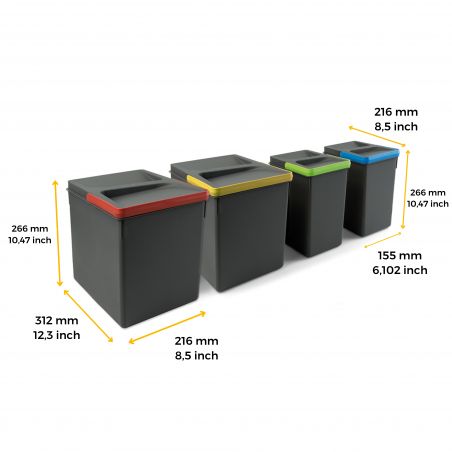 Kit poubelle Recycle 44L, 4 bacs, Gris Kit poubelle Recycle 44L, 4 bacs, Gris