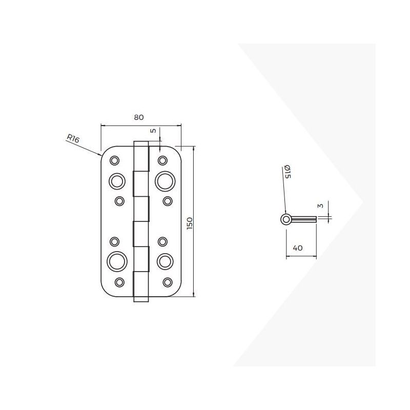 Lot de 5 charnières anti-dégondage, 150x80mm, sans garniture, Nickel satiné