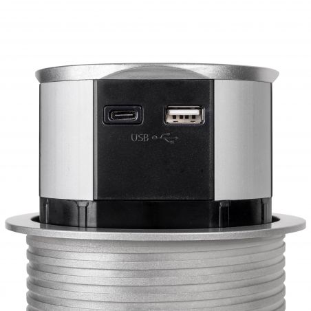 Multiconnecteur Vertikal Push Ø 100mm, 3 prises + 2 USB, Aluminium