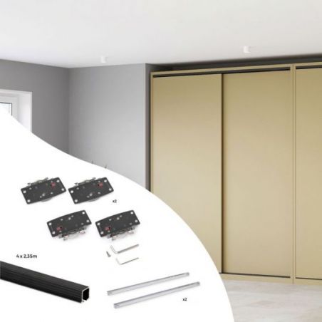 Kit de ferrures Flow2 pour placard 2 portes coulissantes avec rails encastrés 2,35m, panneaux non inclus, Noir Kit de ferrures Flow2 pour placard 2 portes coulissantes avec rails encastrés 2,35m, panneaux non inclus, Noir
