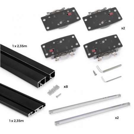 Kit de ferrures Flow2 pour placard 2 portes coulissantes avec rails de surface 2,35m, panneaux non inclus, Noir Kit de ferrures Flow2 pour placard 2 portes coulissantes avec rails de surface 2,35m, panneaux non inclus, Noir