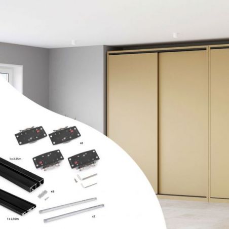 Kit de ferrures Flow2 pour placard 2 portes coulissantes avec rails de surface 2,35m, panneaux non inclus, Noir Kit de ferrures Flow2 pour placard 2 portes coulissantes avec rails de surface 2,35m, panneaux non inclus, Noir