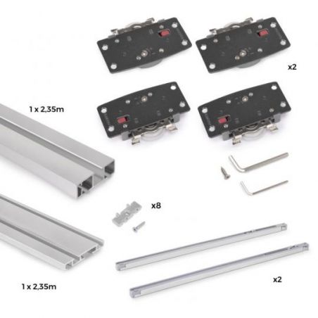 Kit de ferrures Flow2 pour placard 2 portes coulissantes avec rails de surface 2,35m, panneaux non inclus, Anodisé mat Kit de ferrures Flow2 pour placard 2 portes coulissantes avec rails de surface 2,35m, panneaux non inclus, Anodisé mat