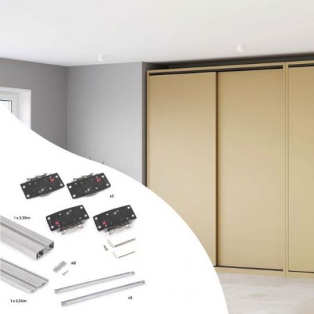 Kit de ferrures Flow2 pour placard 2 portes coulissantes avec rails de surface 2,35m, panneaux non inclus, Anodisé mat Kit de ferrures Flow2 pour placard 2 portes coulissantes avec rails de surface 2,35m, panneaux non inclus, Anodisé mat