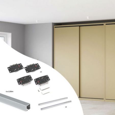 Kit de ferrures Flow2 pour placard 2 portes coulissantes avec rails encastrés 2,35m, panneaux non inclus, Anodisé mat Kit de ferrures Flow2 pour placard 2 portes coulissantes avec rails encastrés 2,35m, panneaux non inclus, Anodisé mat