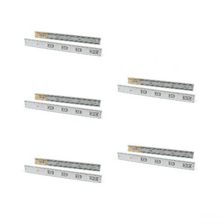 Lot de 5 jeux de coulisses roulement à billes, hauteur 45mm, profondeur 550mm, sortie totale, Zingué Lot de 5 jeux de coulisses roulement à billes, hauteur 45mm, profondeur 550mm, sortie totale, Zingué