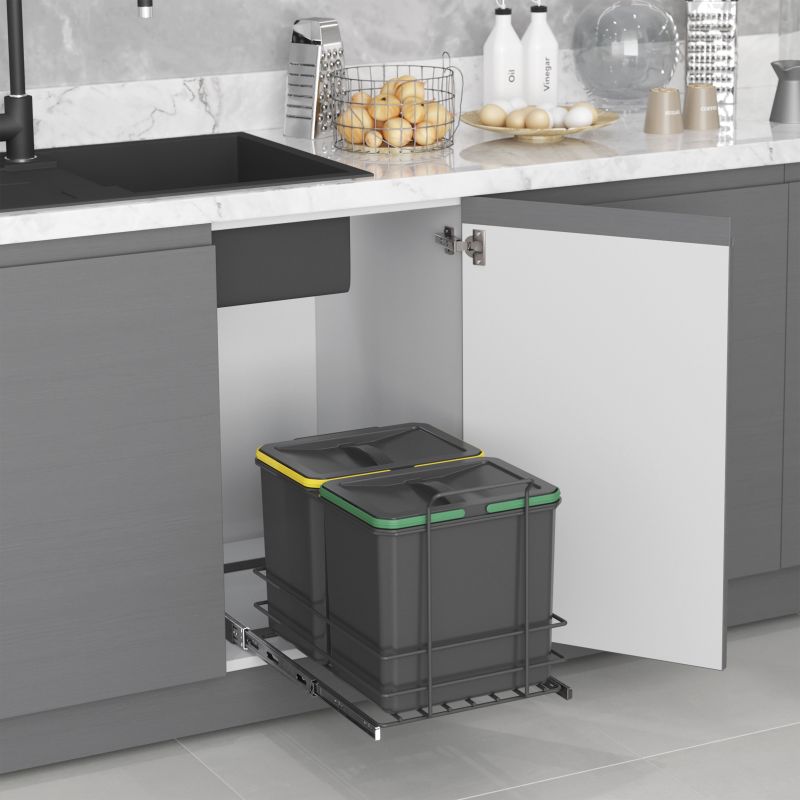 Poubelle de recyclage 2 bacs de 16 L, fixation par le bas et extraction manuelle, Gris anthracite