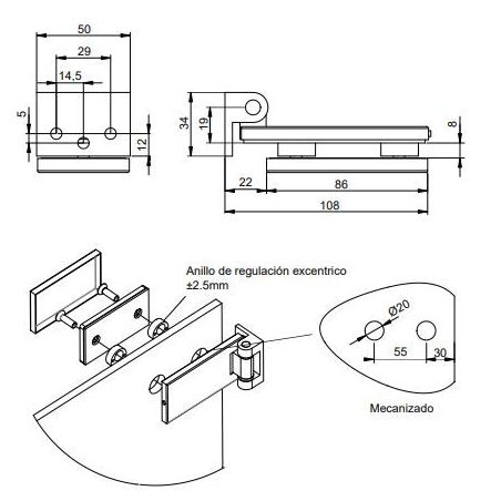 Charnière 40 mm pour porte en verre avec garniture, pour porte de 8-12mm, Anodisé mat Charnière 40 mm pour porte en verre avec garniture, pour porte de 8-12mm, Anodisé mat