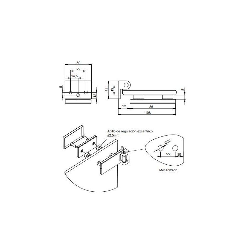 Charnière 34 mm pour porte en verre avec garniture en acier inoxydable, pour porte de 8-12mm, acier inoxydable