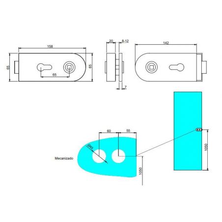 Kit serrure avec gâche horizontal pour porte en verre double 8-12mm, Acier inoxydable