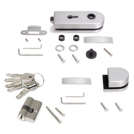 Kit serrure avec gâche horizontal pour porte en verre double 8-12mm, Anodisé mat Kit serrure avec gâche horizontal pour porte en verre double 8-12mm, Anodisé mat