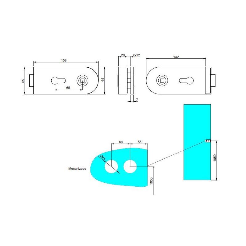 Kit serrure avec gâche horizontal pour porte en verre double 8-12mm, Anodisé mat