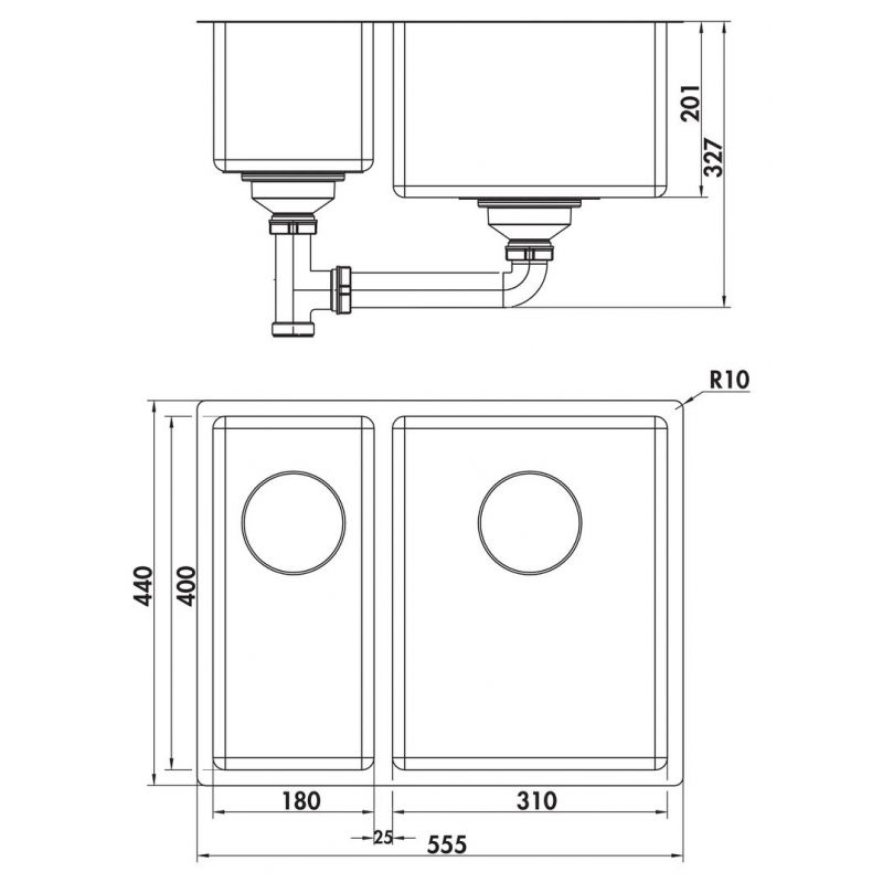 Corno Piu PFU11, Evier encastrable bac à droite, acier inox