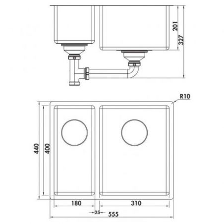 Corno Piu PFU11, Evier encastrable bac à droite, acier inox Corno Piu PFU11, Evier encastrable bac à droite, acier inox