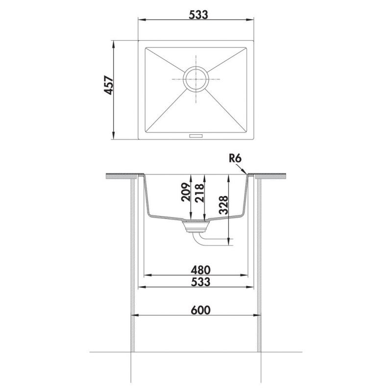 Singoli 600 - Lot Bac à encastrer par le bas, granite nero et mitigeur Drive 1S, acier inox/noir