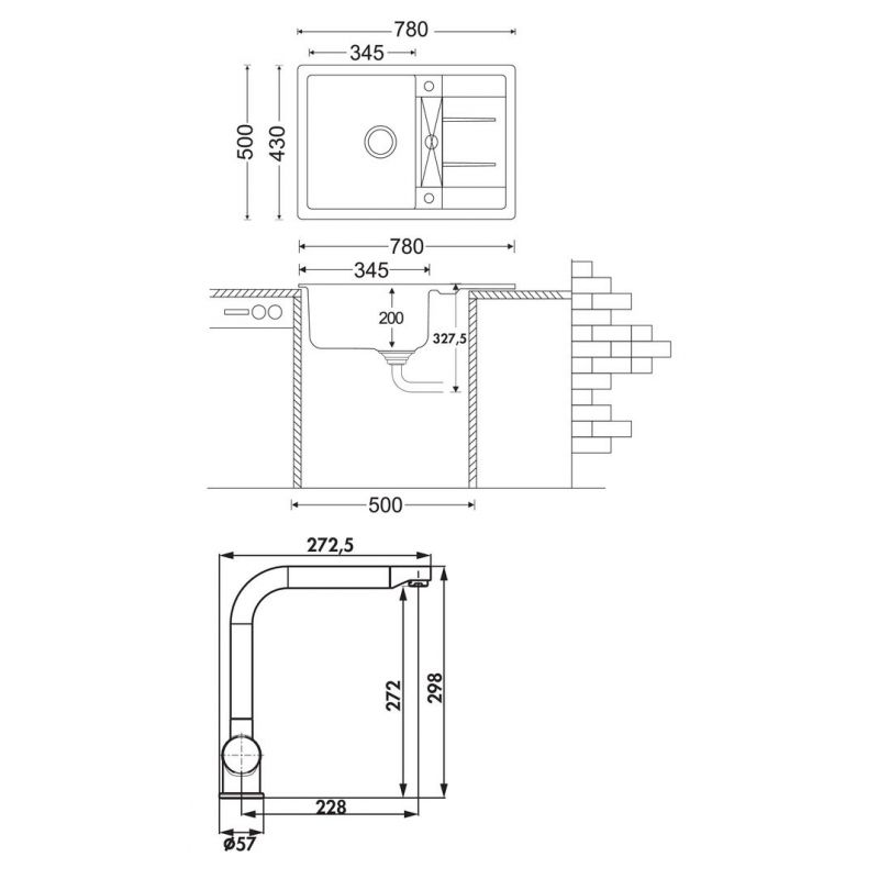 Corto 780 - lot Evier encastrable, granite nero et mitigeur Drive 1S, couleur acier inox/noir